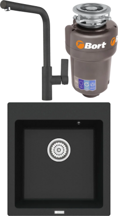 Комплект Мойка кухонная Point Моко 47 черная + Смеситель PN3102 черный + Измельчитель Bort Titan Max Power FullControl матовая, квадратная