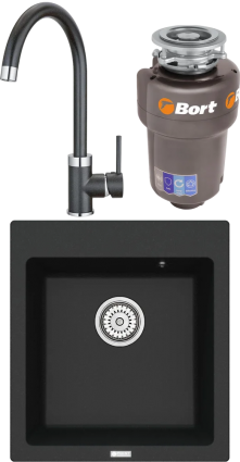 Комплект Мойка кухонная Point Моко 47 черная + Смеситель PN3101 черный + Измельчитель Bort Titan Max Power матовая, квадратная