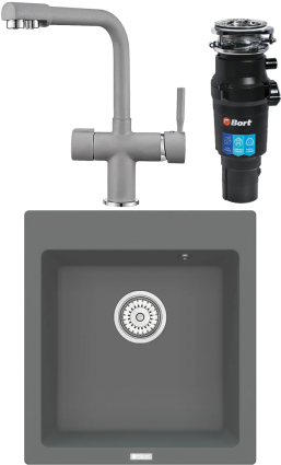 Комплект Мойка кухонная Point Моко 47 серая + Смеситель PN3104 серый + Измельчитель Bort Titan 7000 матовая, квадратная