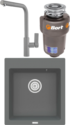 Комплект Мойка кухонная Point Моко 47 серая + Смеситель PN3102 серый + Измельчитель Bort Titan 5000 матовая, квадратная