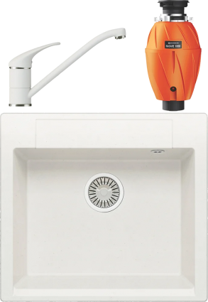 Комплект Мойка кухонная Polygran Argo 560 белый хлопок + Смеситель Низкий 660694 белый хлопок + Измельчитель Omoikiri Nagare 1000 матовая, прямоугольная