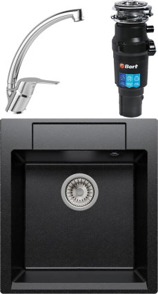 Комплект Мойка кухонная Polygran Argo 460 чёрная + Смеситель MEGA Mega MG-BMK016 хром + Измельчитель Bort Titan 7000 матовая, квадратная