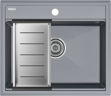 Мойка кухонная Paulmark Stepia PM115951-GRM+A375-BS с коландером, серый металлик, матовая, прямоугольная, 59x51 см