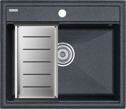 Мойка кухонная Paulmark Stepia PM115951-DG+A375-BS с коландером, графит, матовая, прямоугольная, 59x51 см
