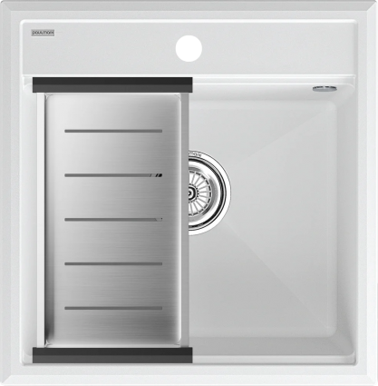 Мойка кухонная Paulmark Stepia PM115051-WH+A375-BS с коландером, белая, матовая, прямоугольная, 46x51 см