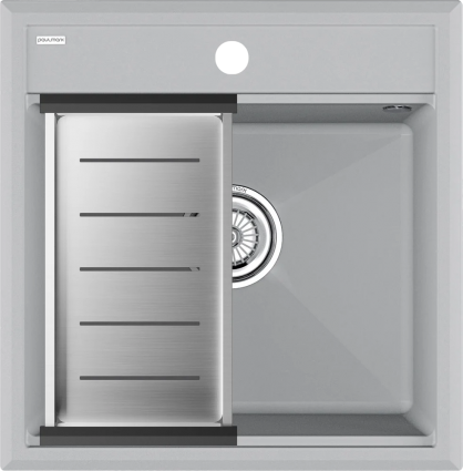Мойка кухонная Paulmark Stepia PM115051-GRS+A375-BS с коландером, серый дым, матовая, прямоугольная, 46x51 см