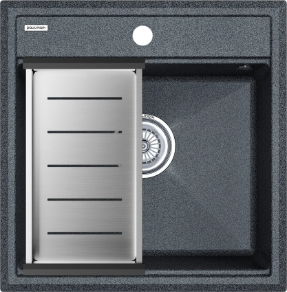 Мойка кухонная Paulmark Stepia PM115051-DG+A375-BS с коландером, графит, матовая, прямоугольная, 46x51 см