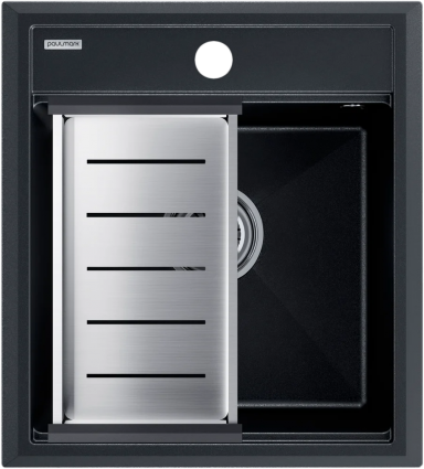 Мойка кухонная Paulmark Stepia PM114651-BLM+A375-BS с коландером, черный металлик, матовая, прямоугольная, 43x51 см