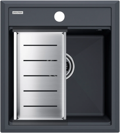Мойка кухонная Paulmark Stepia PM114651-AN+A375-BS с коландером, антрацит, матовая, прямоугольная, 43x51 см