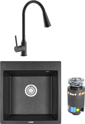 Комплект Мойка кухонная Granula 5102, ЧЁРНЫЙ + Смеситель Frap H44 F4044-6 с гибким изливом, черный + Измельчитель Bort Titan 4000, матовая, квадратная