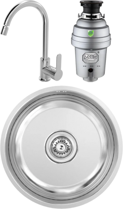 Комплект Мойка кухонная Kantera Round bowl + Смеситель MEGA City MG-ZRV102 хром + Измельчитель Zorg Inox D матовая, круглая