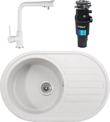 Комплект Мойка кухонная Kaiser KGM-7750-W белая + Смеситель Teka 13044-10 белый + Измельчитель Bort Titan 7000 матовая, овальная