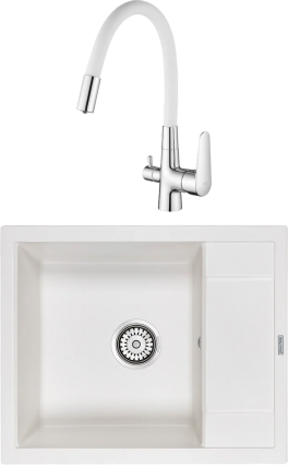 Комплект Мойка кухонная Paulmark Flugen 50-600 PM216050-WH белая + Смеситель ESKO Coral CL 03 W хром, белый, с гибким изливом, матовая, прямоугольная