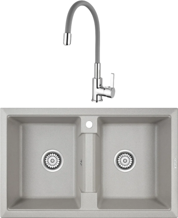 Комплект Мойка кухонная Paulmark Tandem 80/2PM238150-GR серая + Смеситель Ledeme Rainbow L4898-9 серый матовая, прямоугольная