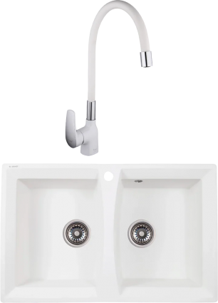 Комплект Мойка кухонная Kaiser KM2M-5078 W белая + Смеситель Frap F4453-03 с гибким изливом, белый, матовая, прямоугольная