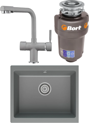 Комплект Мойка кухонная Point Сидли 55 серая + Смеситель PN3104 серый + Измельчитель Bort Titan Max Power FullControl матовая, прямоугольная