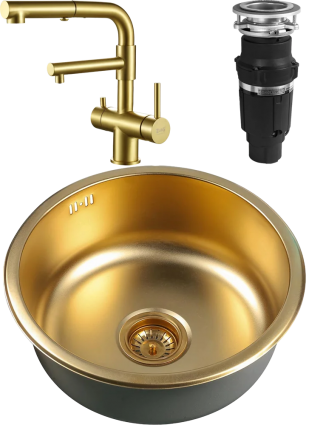 Комплект Мойка кухонная Zorg Inox PVD Inox Pvd SZR-450 bronze + Смеситель Sanitary SZR-3216 Bronze бронза + Измельчитель Bone Crusher BC 610-AS брашированная, круглая