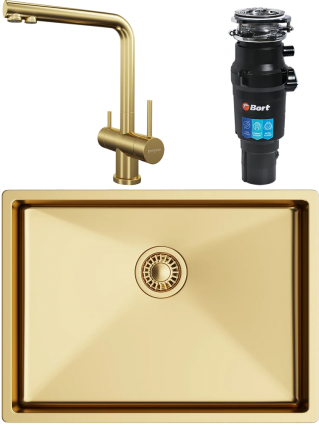 Комплект Мойка кухонная TopZero TNL ColorX 550 GOLD золото + Смеситель TPZ 301 золото + Измельчитель Bort Titan 7000 полированная, прямоугольная