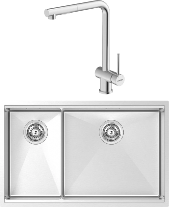 Комплект Мойка кухонная Kantera Integrato V2 ITR450D/R(K) R с разделочной доской и роллматом, mikrobrush + Смеситель Piato 44713, брашированная, прямоугольная