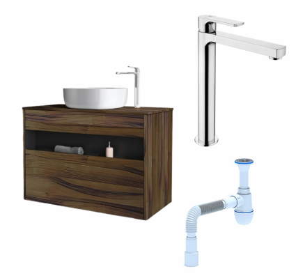 Комплект: Тумба с раковиной Am.Pm Func 100 дуб крафт + Смеситель  Lemark plus Grace LM1509C Хром + Сифон АниПласт