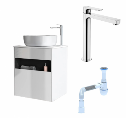 Комплект: Тумба с раковиной Am.Pm Func 60 белый глянец + Смеситель  Lemark plus Grace LM1509C  Хром + Сифон АниПласт