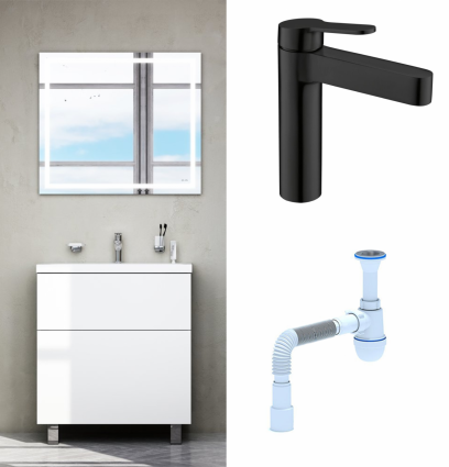Комплект: Мебель для ванной Am.Pm Gem 60 белый глянец + Смеситель  BelBagno Delta DEL-LVM-NERO черный + Сифон АниПласт