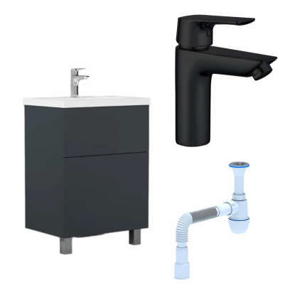 Комплект: Тумба с раковиной AM.PM Gem 60 графит матовый + Смеситель Aquanet Static AF330-10B черный + Сифон АниПласт
