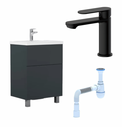 Комплект: Тумба с раковиной AM.PM Gem 60 графит матовый + Смеситель  Haiba HB10590-7 черный + Сифон АниПласт