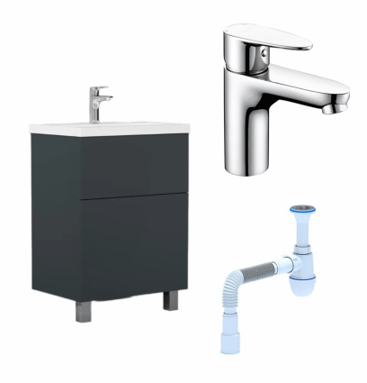 Комплект: Тумба с раковиной AM.PM Gem 60 графит матовый + Смеситель Wasserkraft Leine 3503 Хром + Сифон АниПласт