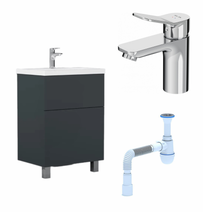 Комплект: Тумба с раковиной AM.PM Gem 60 графит матовый +  Смеситель Am.Pm X-Joy F85A02100 Хром + Сифон АниПласт