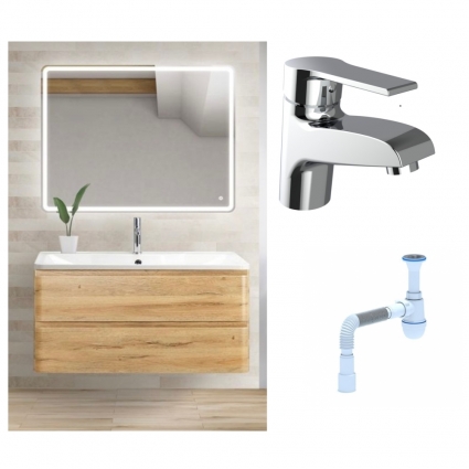 Комплект: Мебель для ванной BelBagno Albano 80 rovere rustico + Смеситель Agger Right A2902100 для раковины однорычажный, хром + Сифон АниПласт