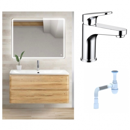 Комплект: Мебель для ванной BelBagno Albano 80 rovere rustico + Смеситель Bravat Eler F1191238CP-RUS для раковины однорычажный, хром + Сифон АниПласт