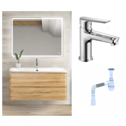 Комплект: Мебель для ванной BelBagno Albano 80 rovere rustico + Смеситель для раковины Haiba HB10198, хром + Сифон АниПласт