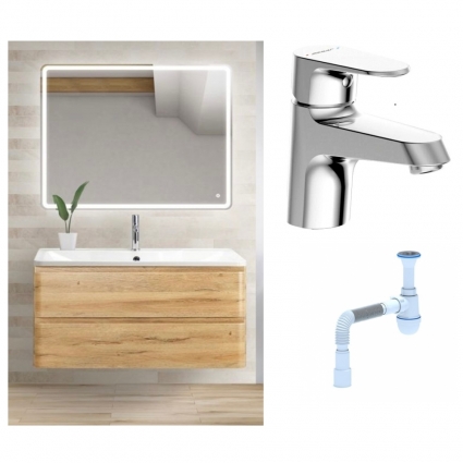 Комплект: Мебель для ванной BelBagno Albano 80 rovere rustico + Смеситель Bravat Alfa F1120178CP для раковины, хром + Сифон АниПласт