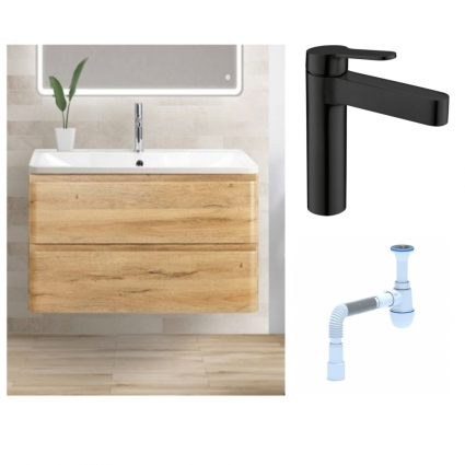 Комплект: Тумба с раковиной BelBagno Albano 100 rovere rustico + Смеситель для раковины BelBagno Delta DEL-LVM-NERO однорычажный, черный + Сифон АниПласт