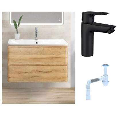 Комплект: Тумба с раковиной BelBagno Albano 100 rovere rustico + Смеситель Aquanet Static AF330-10B для раковины, чёрный + Сифон АниПласт