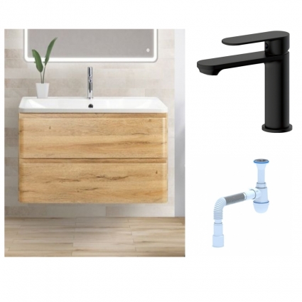 Комплект: Тумба с раковиной BelBagno Albano 100 rovere rustico + Смеситель для раковины Haiba HB10590-7, черный + Сифон АниПласт