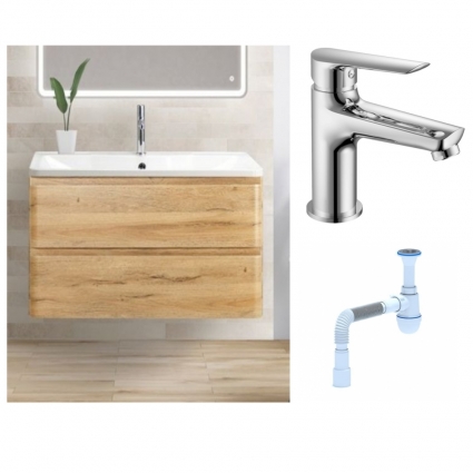 Комплект: Тумба с раковиной BelBagno Albano 100 rovere rustico + Смеситель для раковины Haiba HB10198, хром + Сифон АниПласт