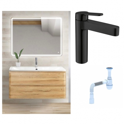 Комплект: Мебель для ванной BelBagno Albano 100 rovere rustico + Смеситель для раковины BelBagno Delta DEL-LVM-NERO однорычажный, черный + Сифон АниПласт