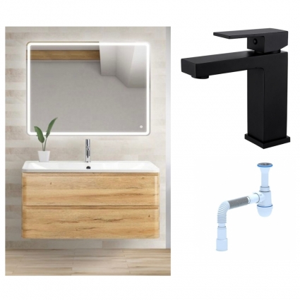 Комплект: Мебель для ванной BelBagno Albano 100 rovere rustico + Смеситель для раковины Haiba HB10803-7, черный + Сифон АниПласт