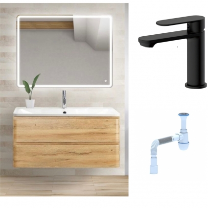 Комплект: Мебель для ванной BelBagno Albano 100 rovere rustico + Смеситель для раковины Haiba HB10590-7, черный + Сифон АниПласт