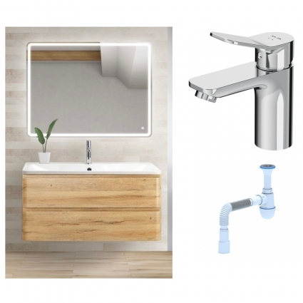 Комплект: Мебель для ванной BelBagno Albano 100 rovere rustico + Смеситель Am.Pm X-Joy F85A02100 для раковины однорычажный, хром + Сифон АниПласт