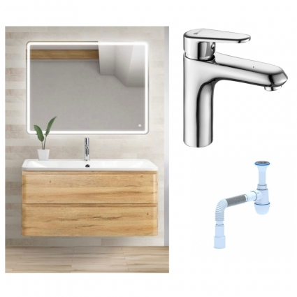 Комплект: Мебель для ванной BelBagno Albano 100 rovere rustico + Смеситель Lemark Point LM0306C для раковины однорычажный, хром + Сифон АниПласт