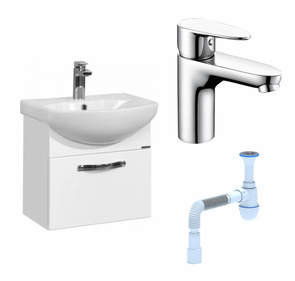 Комплект: Тумба с раковиной Акватон Ария 50 белая + Смеситель Wasserkraft Leine 3503 хром + Сифон АниПласт