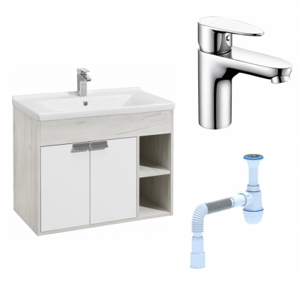 Комплект: Тумба с раковиной Акватон Флай 80 дуб крафт + Смеситель Wasserkraft Leine 3503 Хром + Сифон АниПласт