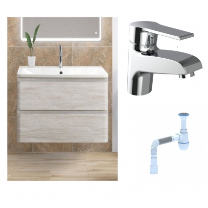 Комплект: Тумба с раковиной BelBagno Albano 80 rovere vintage bianco + Смеситель Agger Right A2902100 для раковины однорычажный хром + Сифон АниПласт