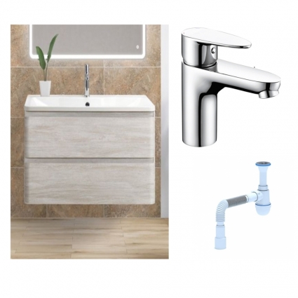 Комплект: Тумба с раковиной BelBagno Albano 80 rovere vintage bianco + Смеситель Wasserkraft Leine 3503 для раковины однорычажный хром + Сифон АниПласт