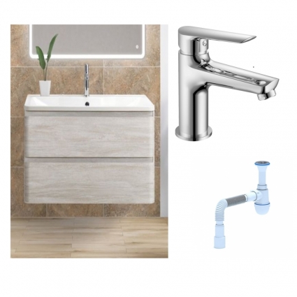 Комплект: Тумба с раковиной BelBagno Albano 80 rovere vintage bianco + Смеситель для раковины Haiba HB10198, хром + Сифон АниПласт