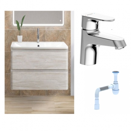 Комплект: Тумба с раковиной BelBagno Albano 80 rovere vintage bianco +  Смеситель Bravat Alfa F1120178CP для раковины, хром + Сифон АниПласт