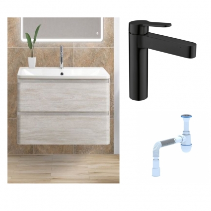 Комплект: Тумба с раковиной BelBagno Albano 90 rovere vintage bianco + Смеситель для раковины BelBagno Delta DEL-LVM-NERO однорычажный черный + Сифон АниПласт